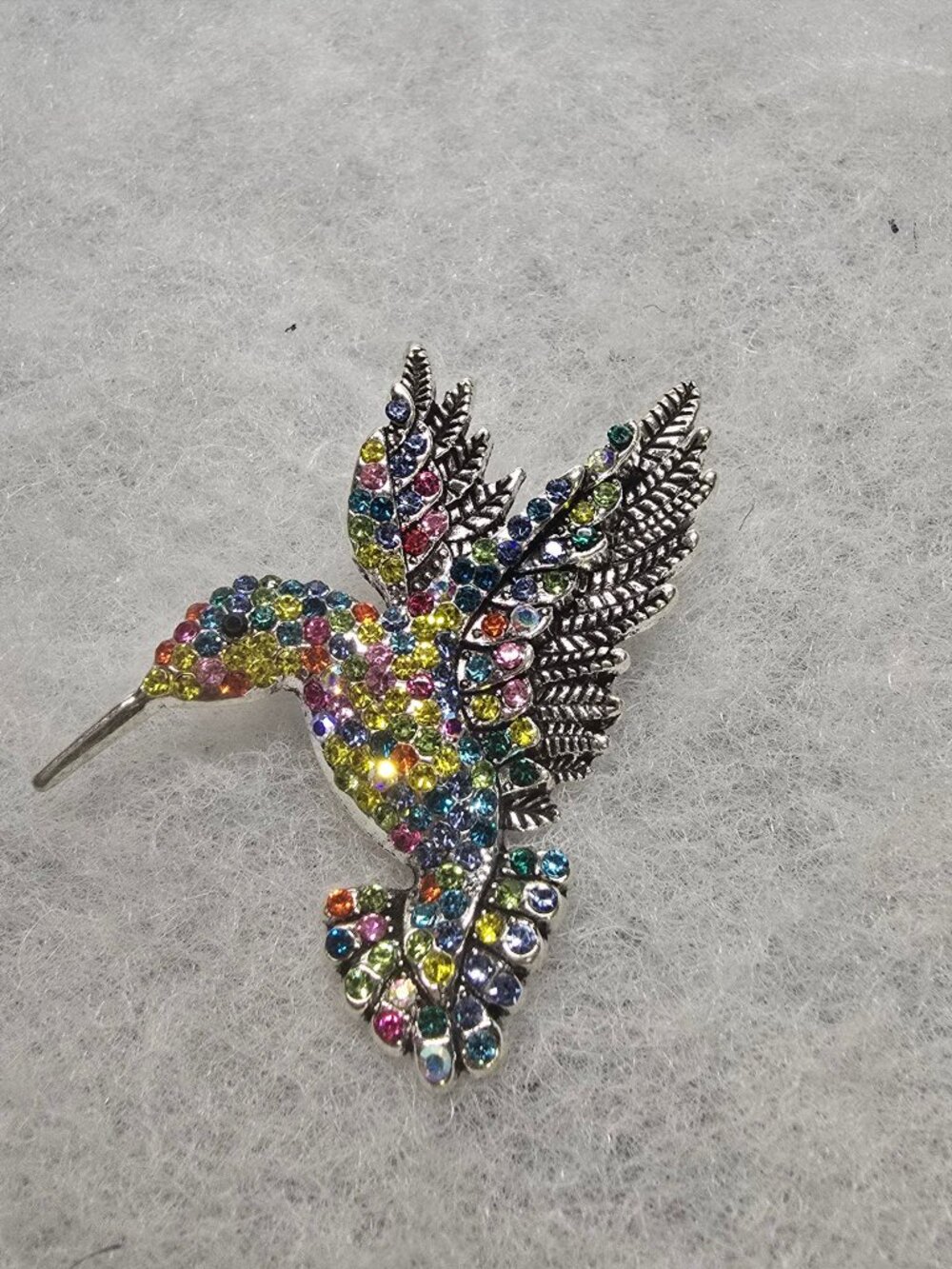 Hummingbird Brooch – Silver Tone Multicolor Stone Bird Pin